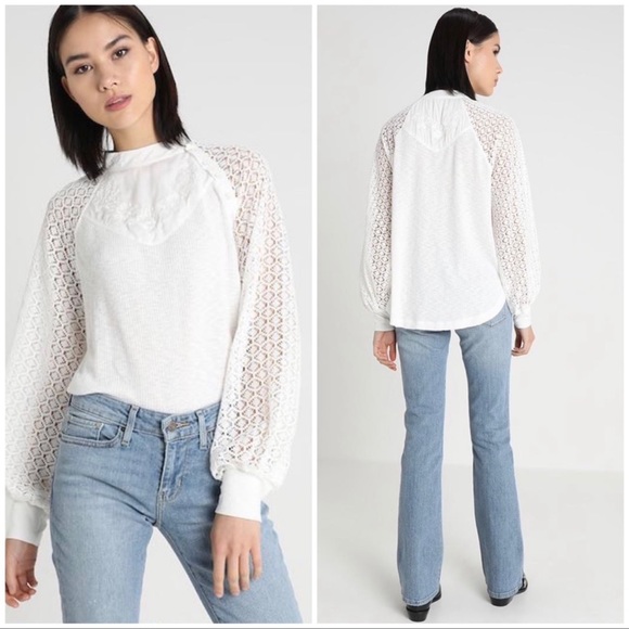Free People Sweetest Thing Thermal Top size M Lace Balloon Sleeve in White - Picture 1 of 16